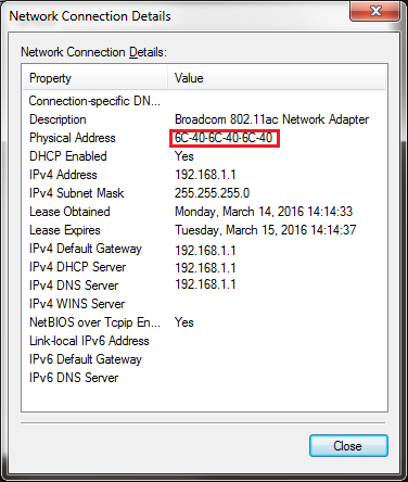 Network Connection Details Property Page
